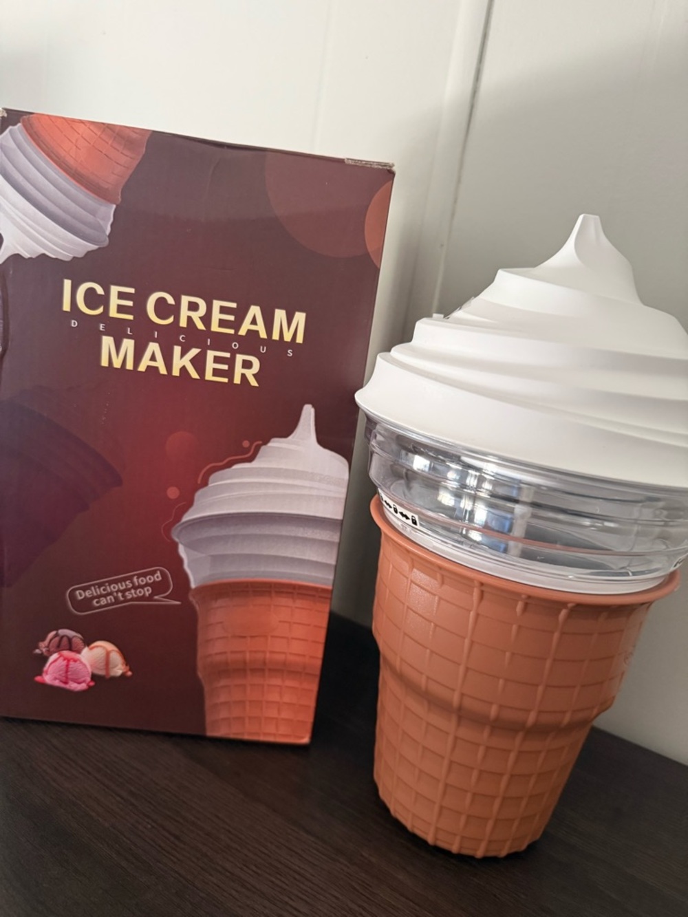 Ice Cream Maker Dessert Machine - White Top, Brown Cone